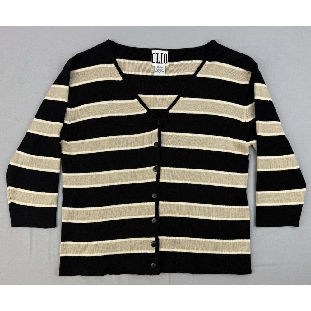 Minimalist Striped Cardigan Silk Cotton‎ V-Neck Large Clio